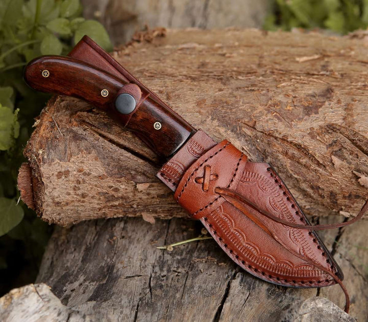 Hunting Knives - Huntsman Damascus Kukri Knife with Exotic Rose Wood Handle - Shokunin USA