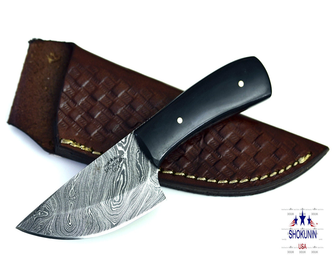 Hunting Knives - Hand Forged Damascus Steel Knife with Horn Handle &amp; Leather Sheath - Shokunin USA