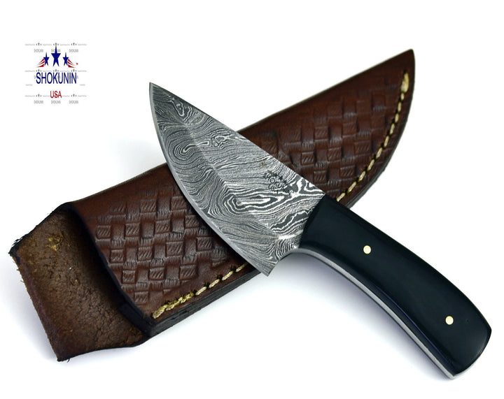 Damascus hunting knives gifts for collectors - Hand Forged Damascus Steel Knife with Horn Handle &amp; Leather Sheath - Shokunin USA