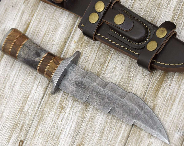 Kris Damascus Hunting Bowie Knife with Exotic Rose wood &amp; Bone handle - Shokunin USA