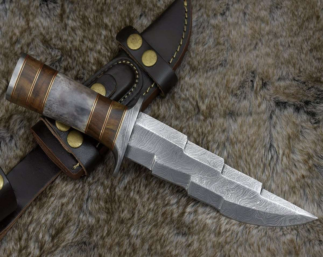 Kris Damascus Hunting Bowie Knife with Exotic Rose wood &amp; Bone handle - Shokunin USA