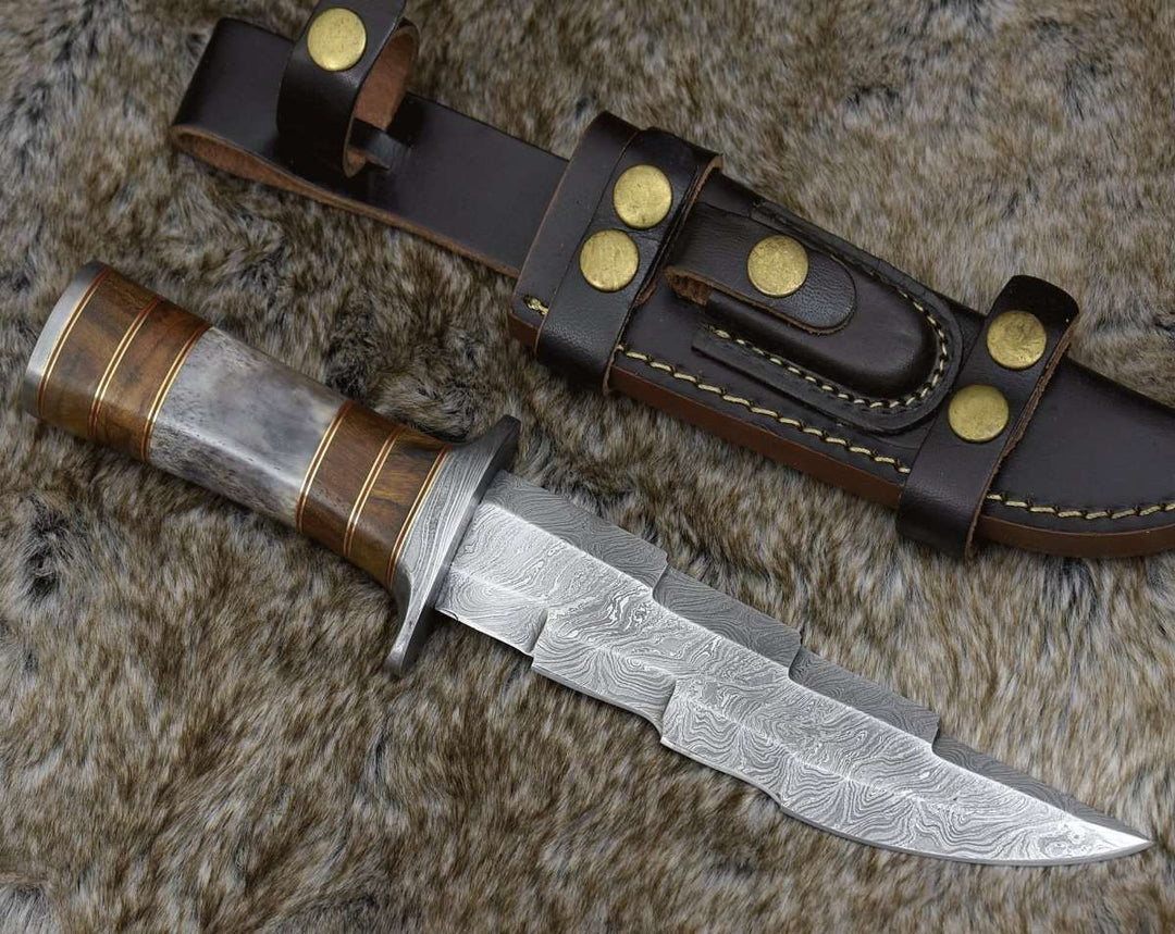 Kris Damascus Hunting Bowie Knife with Exotic Rose wood &amp; Bone handle - Shokunin USA