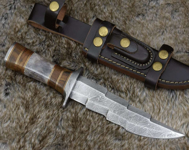 Kris Damascus Hunting Bowie Knife with Exotic Rose wood &amp; Bone handle - Shokunin USA