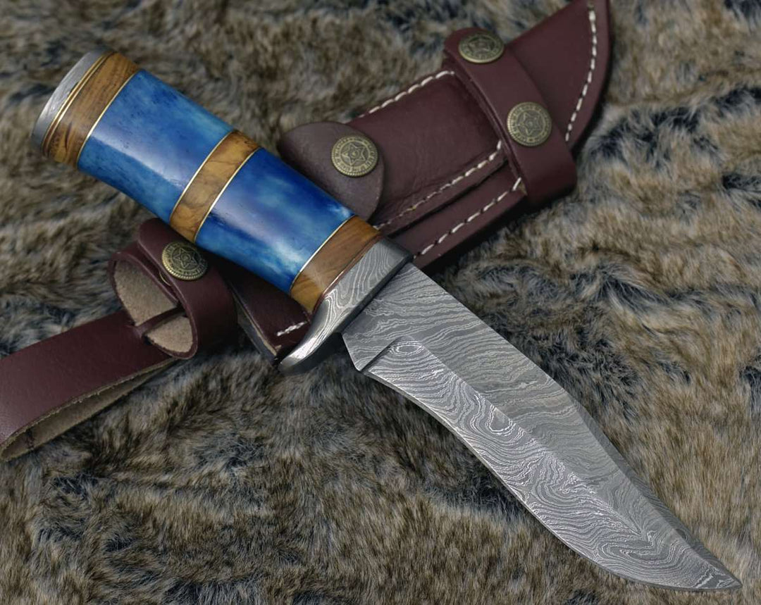 Damascus Knife - Lightbane Damascus Big Game Hunting Knife with Bone, Olive Wood Handle &amp; Sheath - Shokunin USA