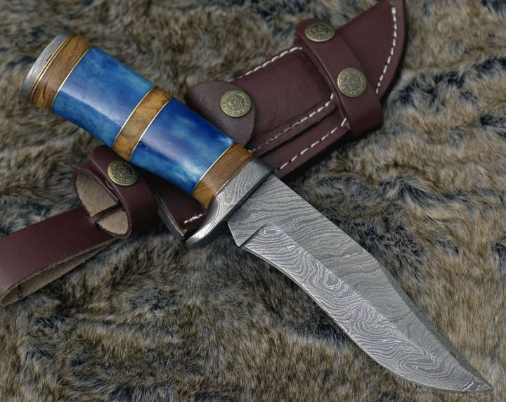 Damascus Knife - Lightbane Damascus Big Game Hunting Knife with Bone, Olive Wood Handle &amp; Sheath - Shokunin USA
