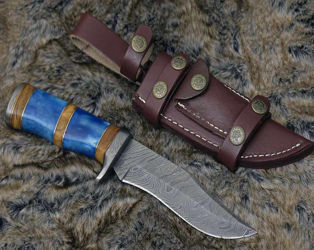 Damascus Knife - Lightbane Damascus Big Game Hunting Knife with Bone, Olive Wood Handle &amp; Sheath - Shokunin USA
