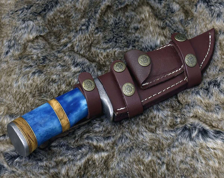Damascus Knife - Lightbane Damascus Big Game Hunting Knife with Bone, Olive Wood Handle &amp; Sheath - Shokunin USA
