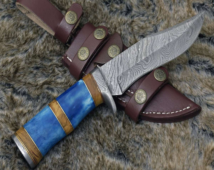 Damascus Knife - Lightbane Damascus Big Game Hunting Knife with Bone, Olive Wood Handle &amp; Sheath - Shokunin USA