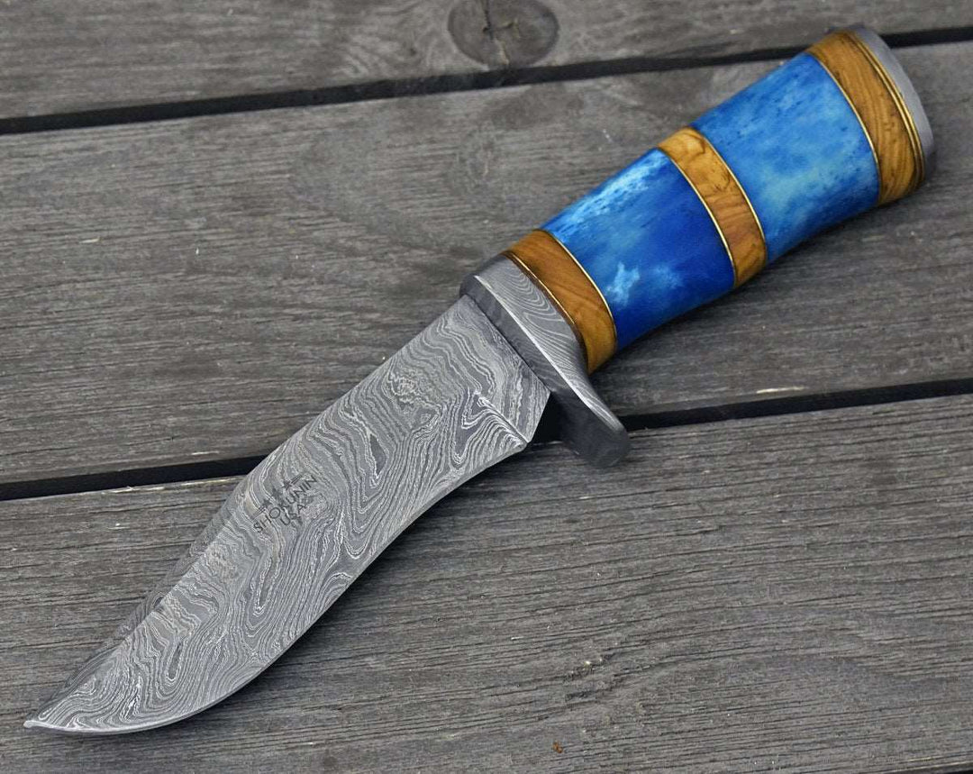 Damascus Knife - Lightbane Damascus Big Game Hunting Knife with Bone, Olive Wood Handle &amp; Sheath - Shokunin USA