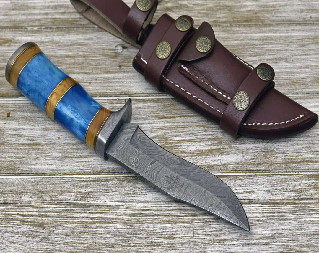 Damascus Knife - Lightbane Damascus Big Game Hunting Knife with Bone, Olive Wood Handle &amp; Sheath - Shokunin USA