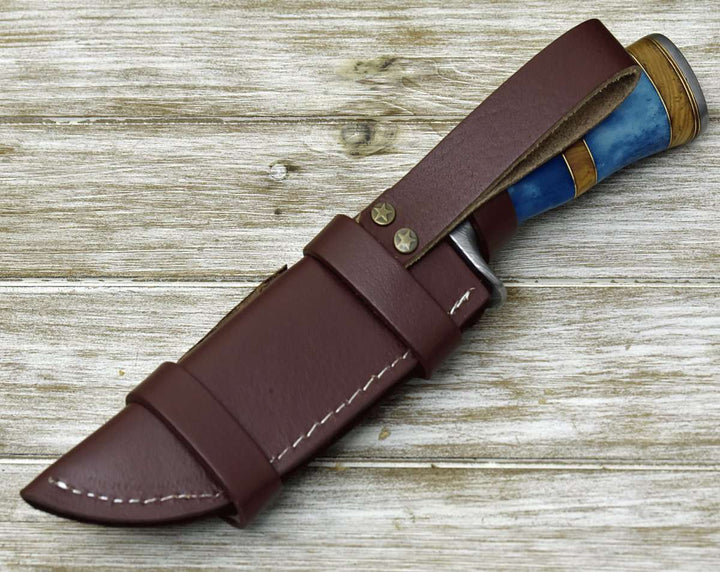 Damascus Knife - Lightbane Damascus Big Game Hunting Knife with Bone, Olive Wood Handle &amp; Sheath - Shokunin USA