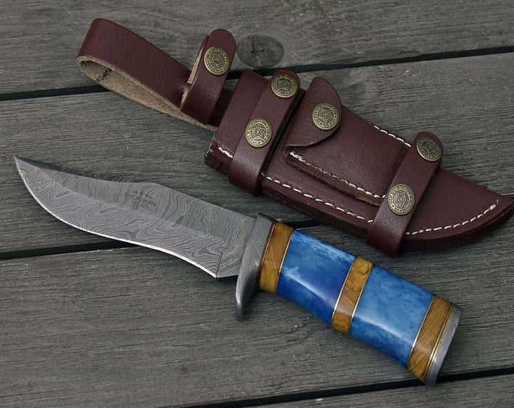 Damascus Knife - Lightbane Damascus Big Game Hunting Knife with Bone, Olive Wood Handle &amp; Sheath - Shokunin USA