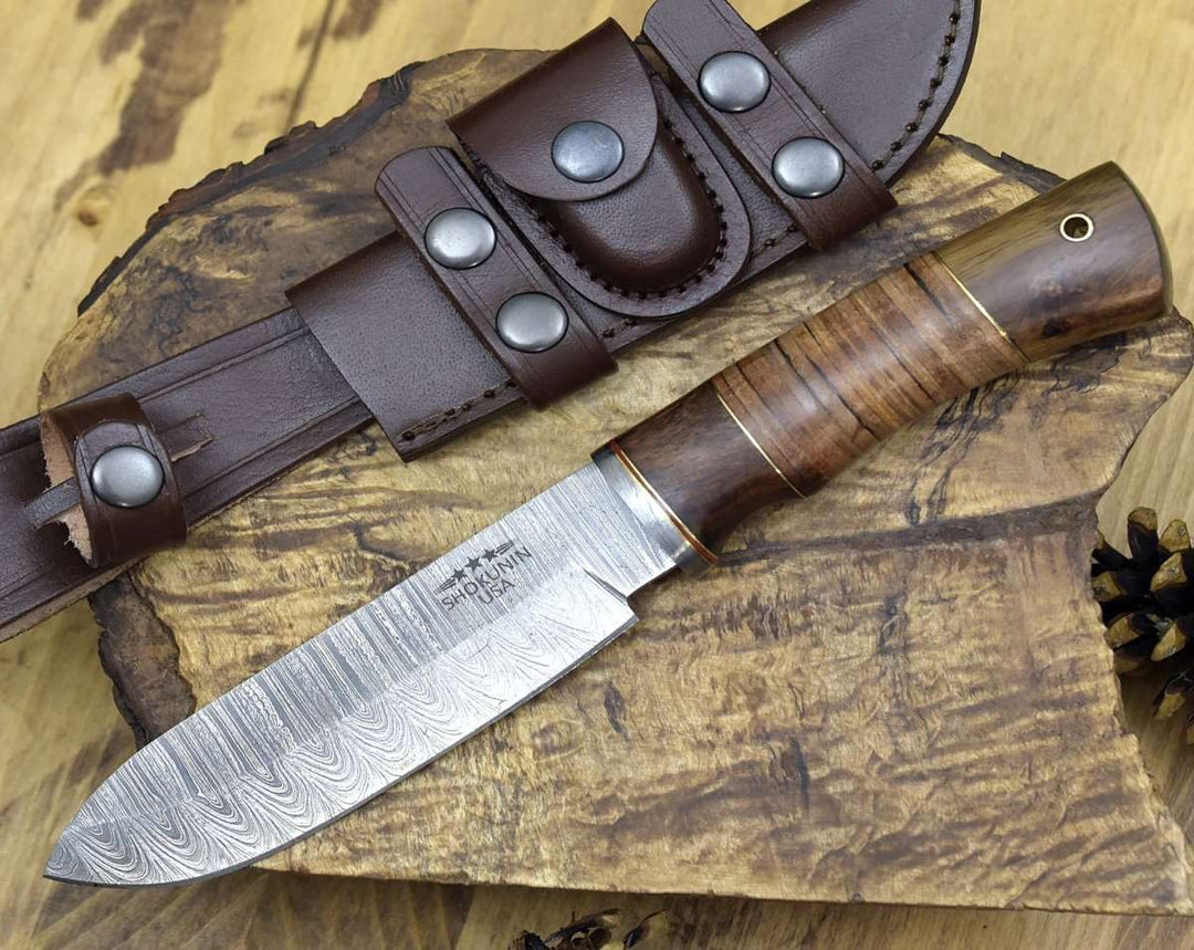 Damascus Knife - Miracle Damascus Hunting Knife with Stacked Leather Handle - Shokunin USA