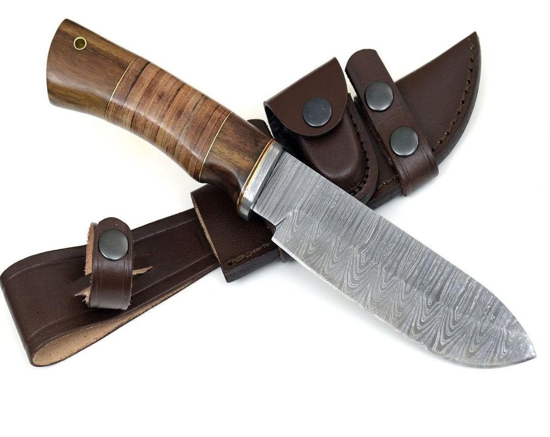 Damascus Knife - Miracle Damascus Hunting Knife with Stacked Leather Handle - Shokunin USA