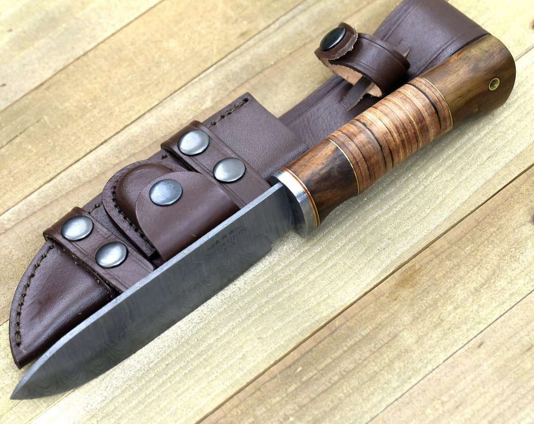 Damascus Knife - Miracle Damascus Hunting Knife with Stacked Leather Handle - Shokunin USA