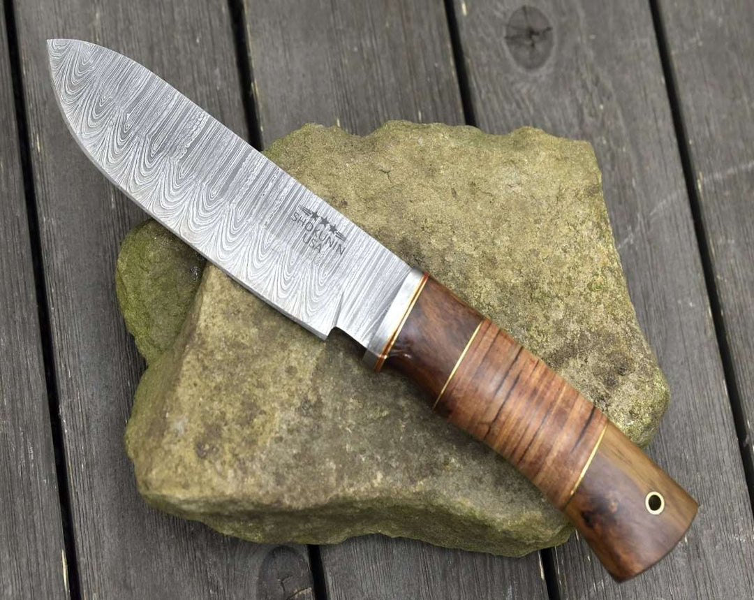 Damascus Knife - Miracle Damascus Hunting Knife with Stacked Leather Handle - Shokunin USA