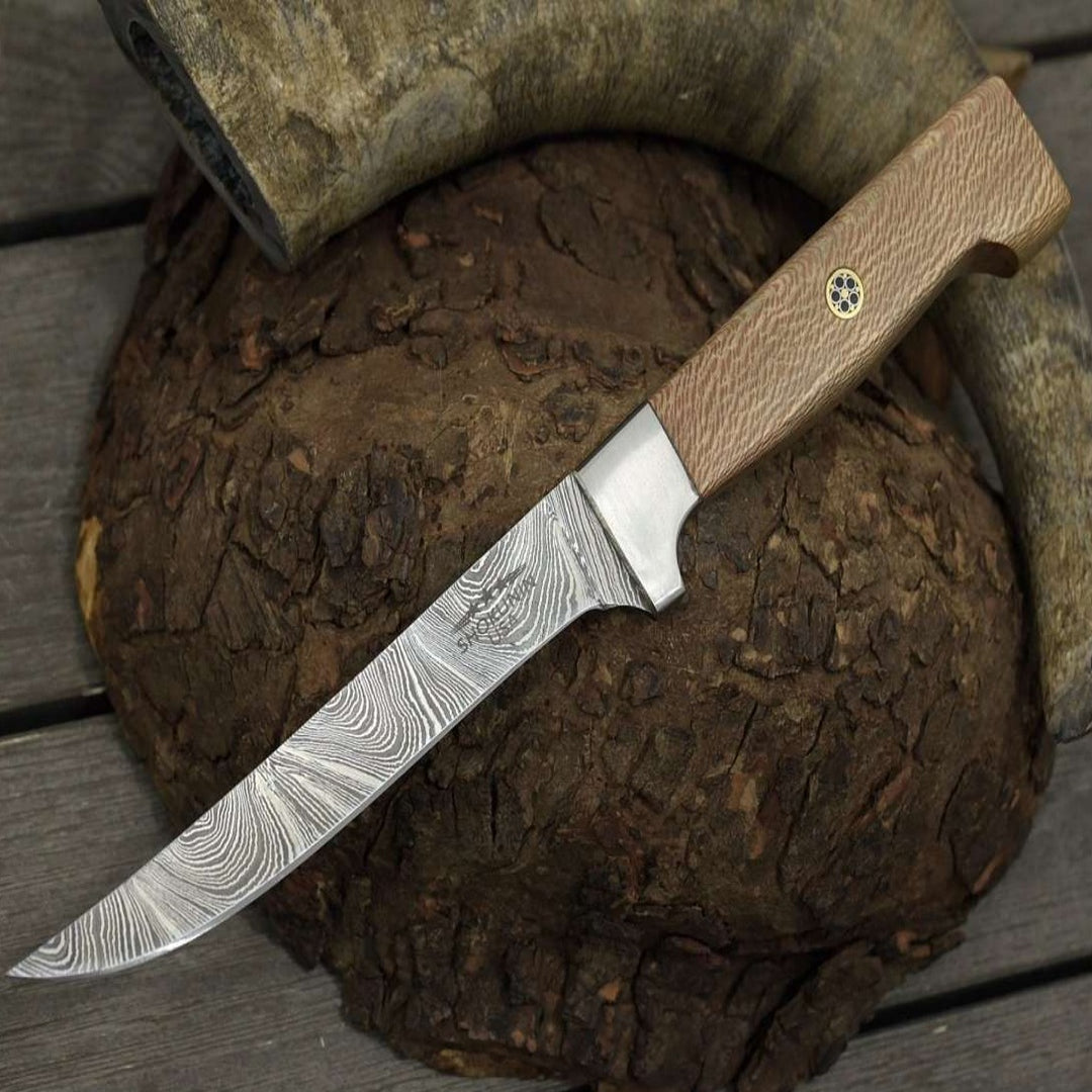 Fillet knife. - Monarch Damascus Fillet Knife with Leopard Wood Handle - Shokunin USA