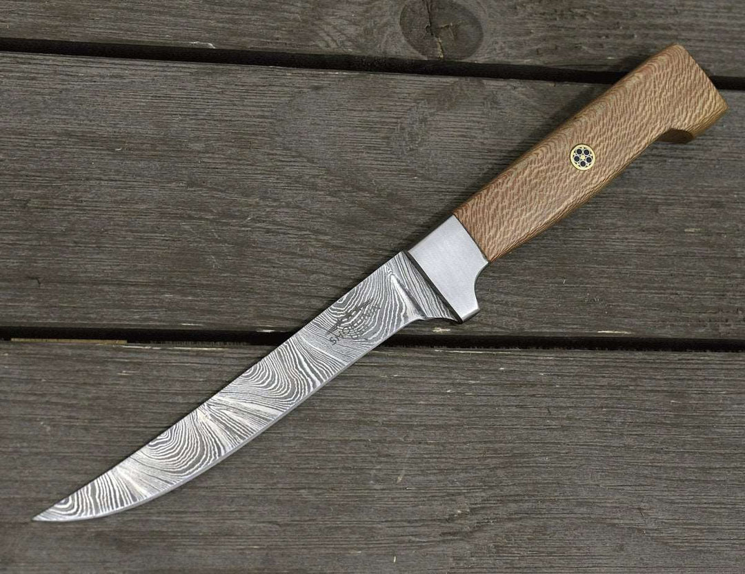 Fillet knife. - Monarch Damascus Fillet Knife with Leopard Wood Handle - Shokunin USA