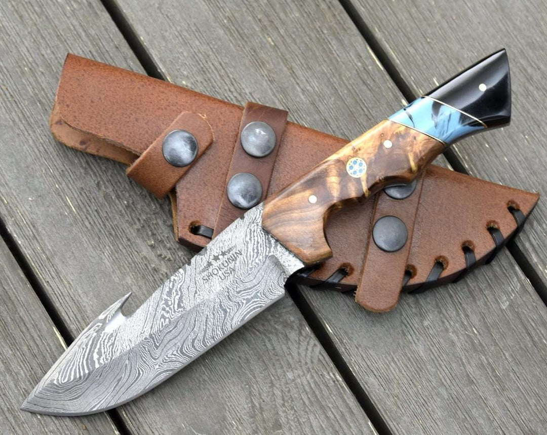 Utility Knife - Morph Gut Hook Hunting Knife with Exotic Olive Wood & Turquoise Handle - Shokunin USA