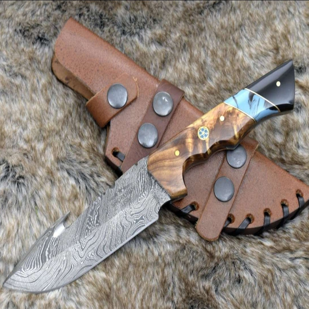 Utility Knife - Morph Gut Hook Hunting Knife with Exotic Olive Wood & Turquoise Handle - Shokunin USA