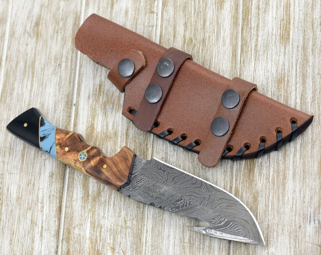 Utility Knife - Morph Gut Hook Hunting Knife with Exotic Olive Wood & Turquoise Handle - Shokunin USA