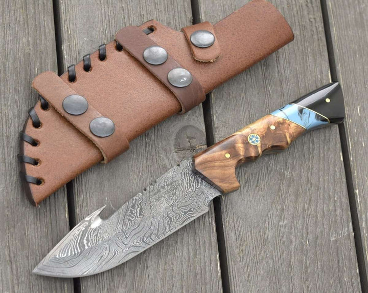 Utility Knife - Morph Gut Hook Hunting Knife with Exotic Olive Wood & Turquoise Handle - Shokunin USA