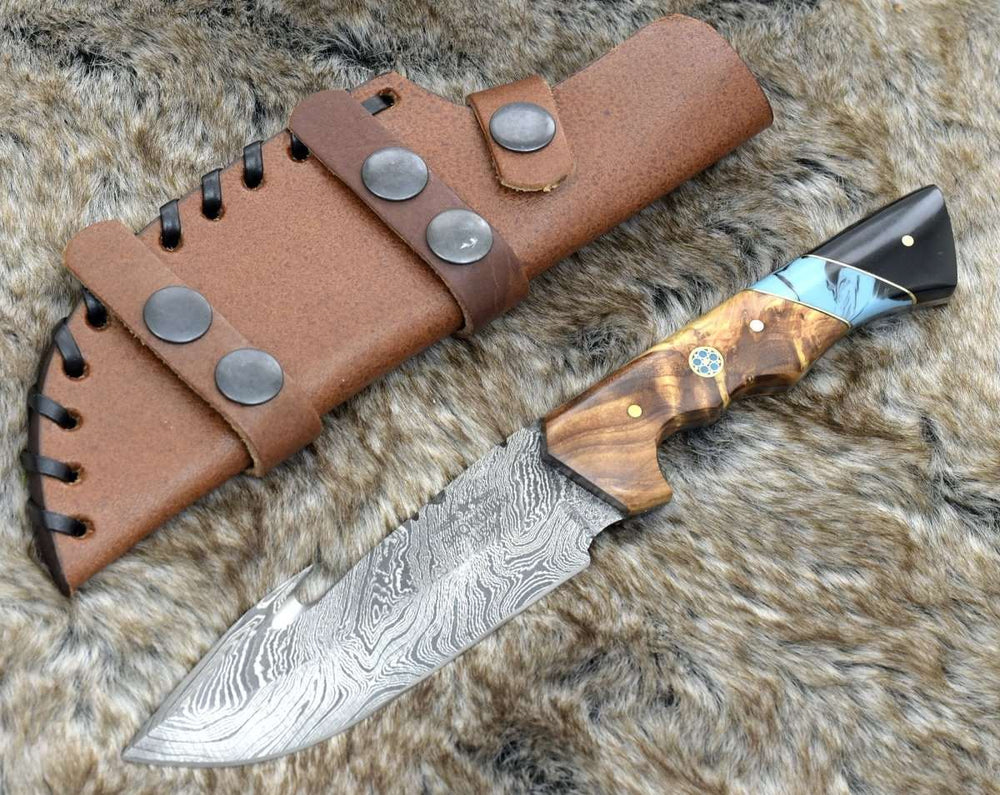 Utility Knife - Morph Gut Hook Hunting Knife with Exotic Olive Wood & Turquoise Handle - Shokunin USA