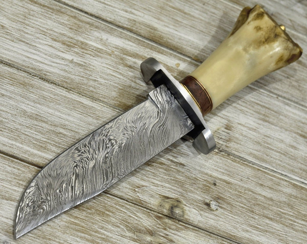 Damascus Knife - Nirvana Survival Bowie Knife with Bone Handle - Shokunin USA