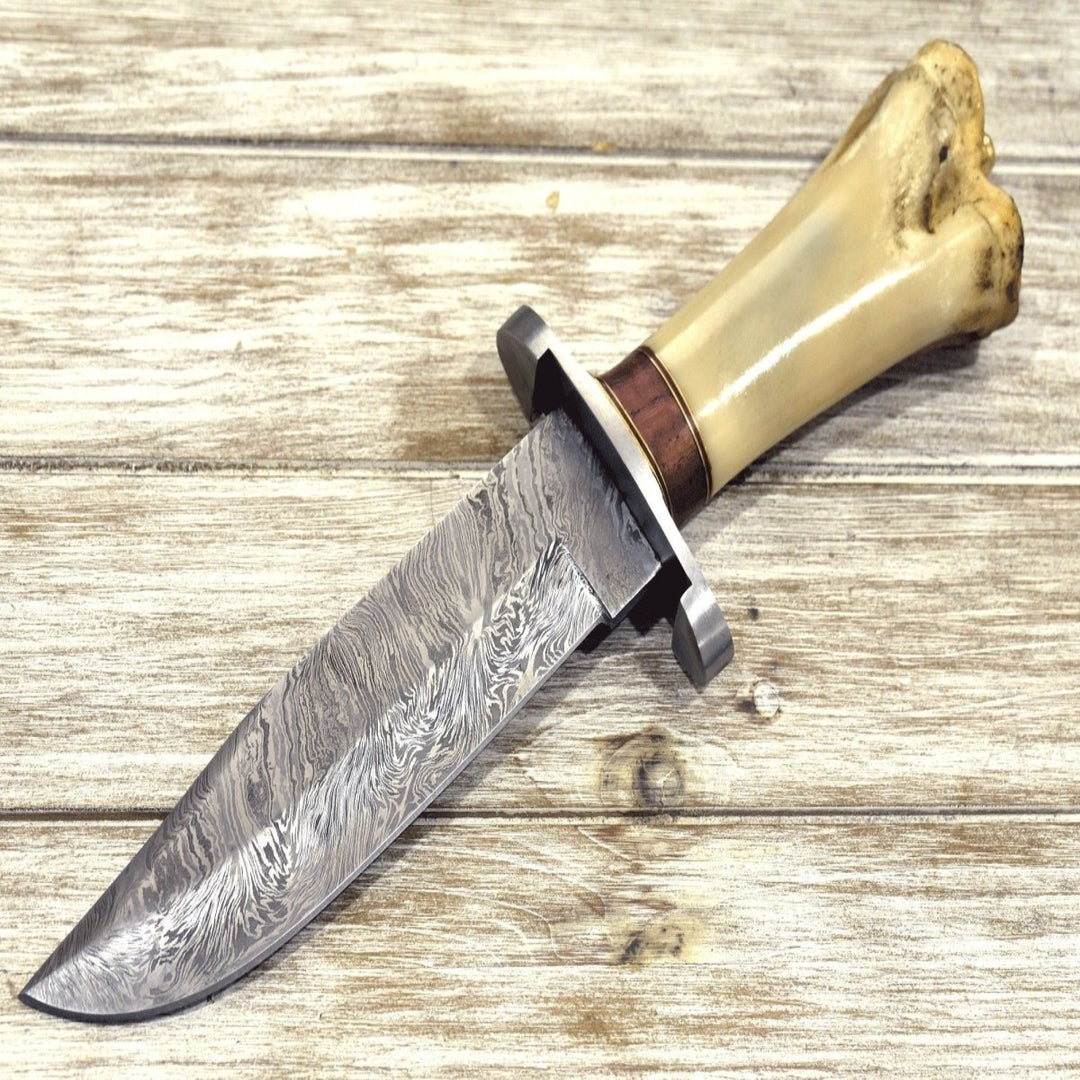 Damascus Knife - Nirvana Survival Bowie Knife with Bone Handle - Shokunin USA