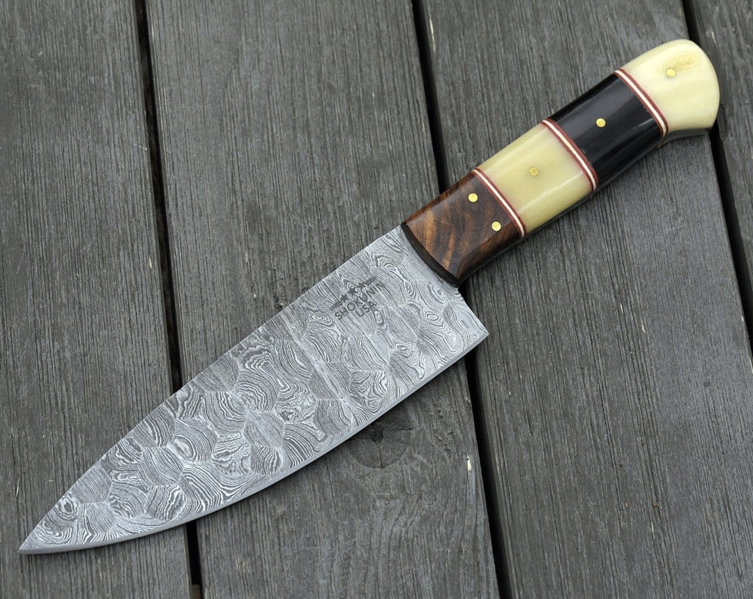 Chef Knife - Obsidian Damascus Chef Knife with Horn & Bone Handle - Shokunin USA