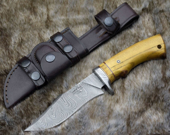 Damascus Knife - Odyssey Damascus Hunting Knife with Exotic Yellow Heart Handle - Shokunin USA