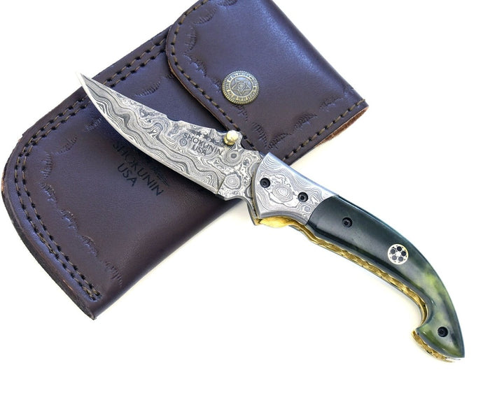 Pocket Knives - Omni Damascus Pocket Knife with Bone handle & Sheath - Shokunin USA