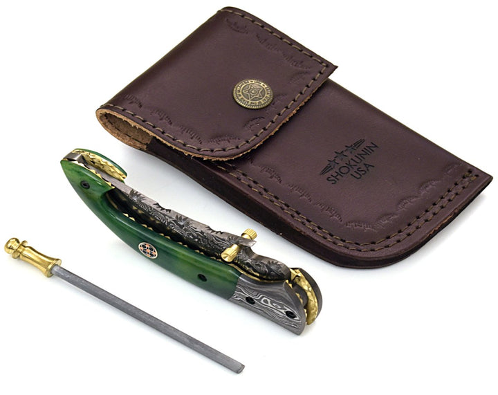 Pocket Knives - Omni Damascus Pocket Knife with Bone handle & Sheath - Shokunin USA