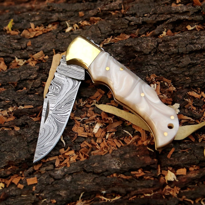 Utility Knife - Pinnacle Damascus Pocket Knife with Mother of Pearl Handle - Shokunin USA