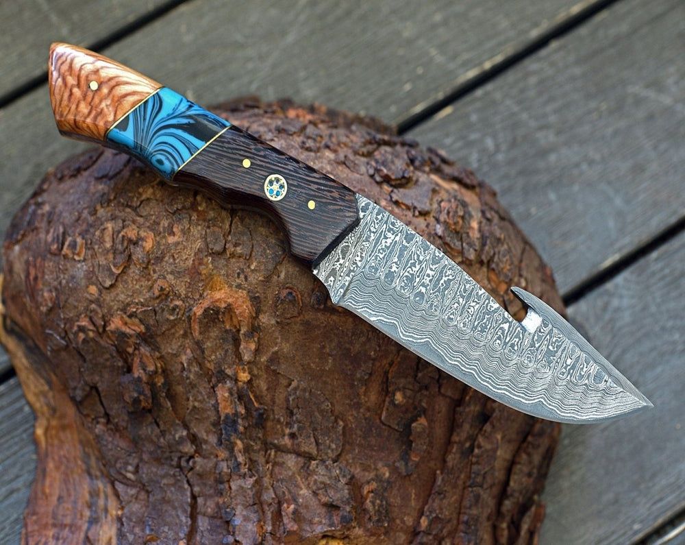 Damascus Knife - PrimalEdge Damascus Gut Hook Knife with Exotic Wenge Wood and Turquoise Handle - Shokunin USA