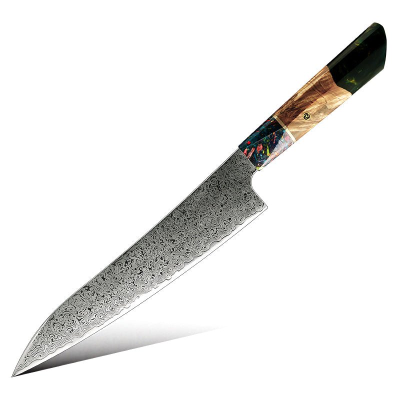 Chef Knife - Pristine VG10 Chef Knife Damascus Kiritsuke Knife 8.5" with Exotic Olive Wood & Resin Handle - Shokunin USA