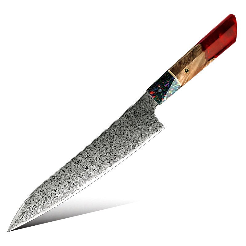 Chef Knife - Pristine VG10 Chef Knife Damascus Kiritsuke Knife 8.5" with Exotic Olive Wood & Resin Handle - Shokunin USA