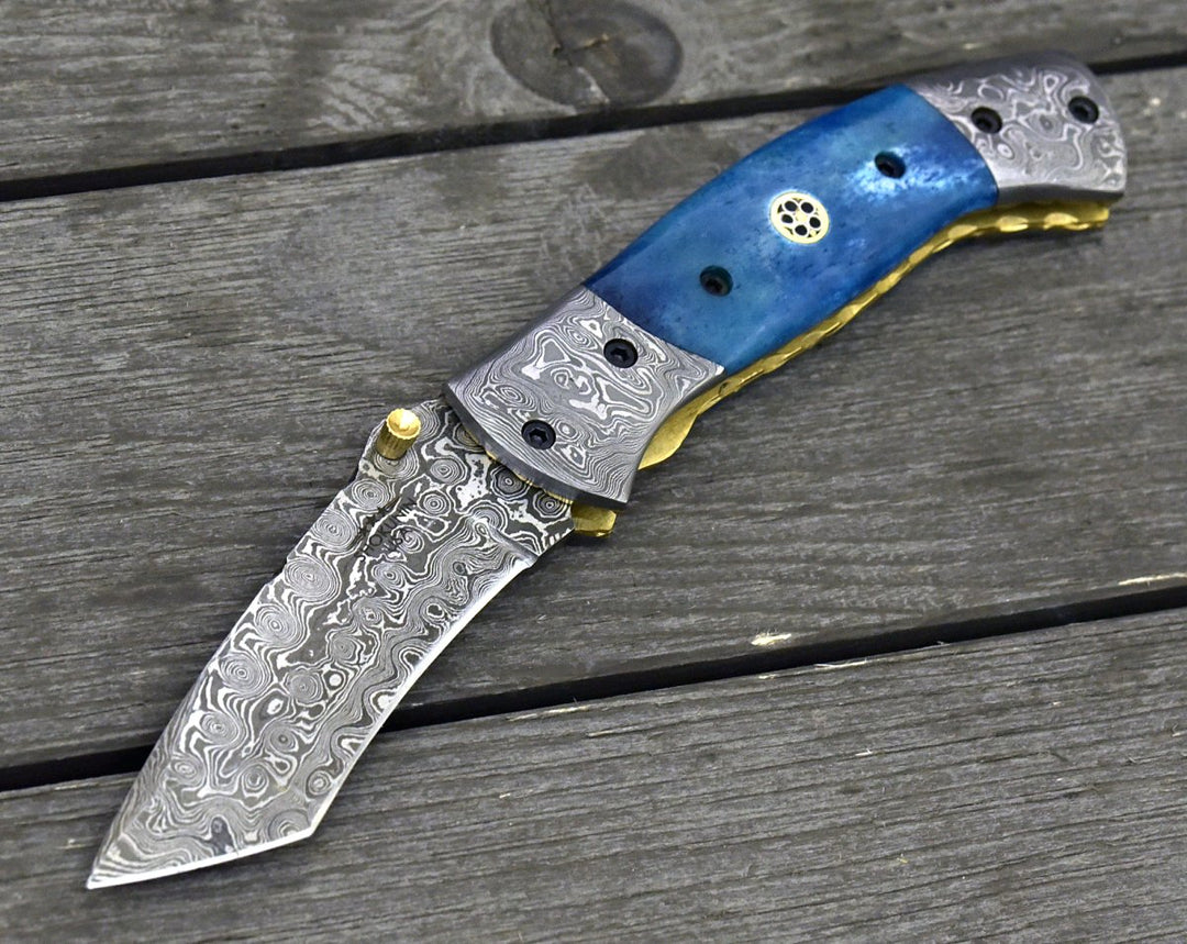 Pocket Knife - Prudence Tanto Blade Handmade Damascus Folding Pocket Knife with Bone Handle - Shokunin USA