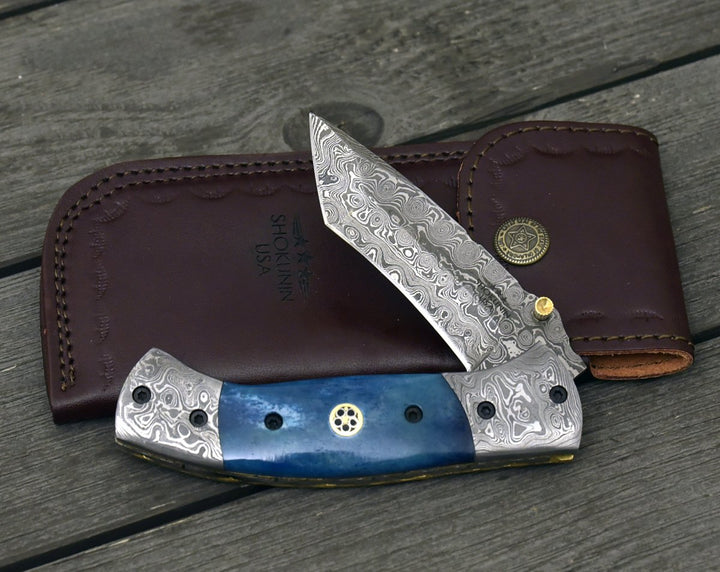 Pocket Knife - Prudence Tanto Blade Handmade Damascus Folding Pocket Knife with Bone Handle - Shokunin USA