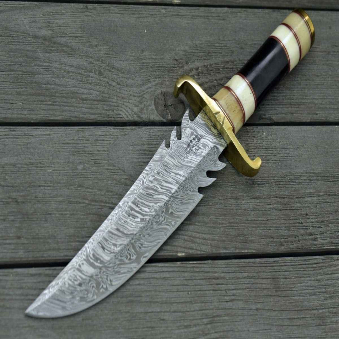 Ragnar Damascus Bowie Knife with Bone & Horn Handle - Shokunin USA