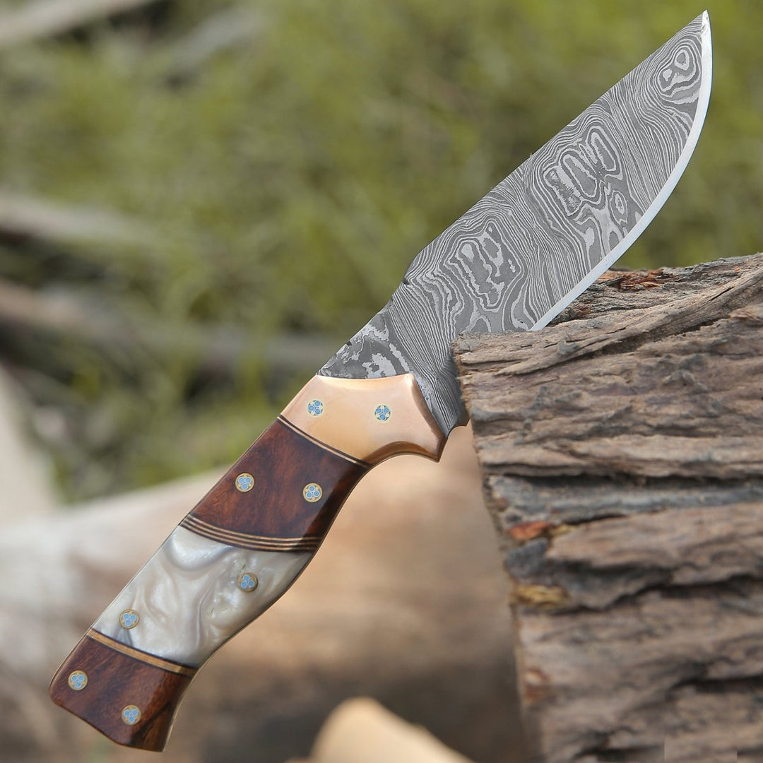 Damascus Steel Knife - Reaper Damascus Hunting Knife with Mother of Pearl, Exotic Rose Wood and Copper Handle - Shokunin USA