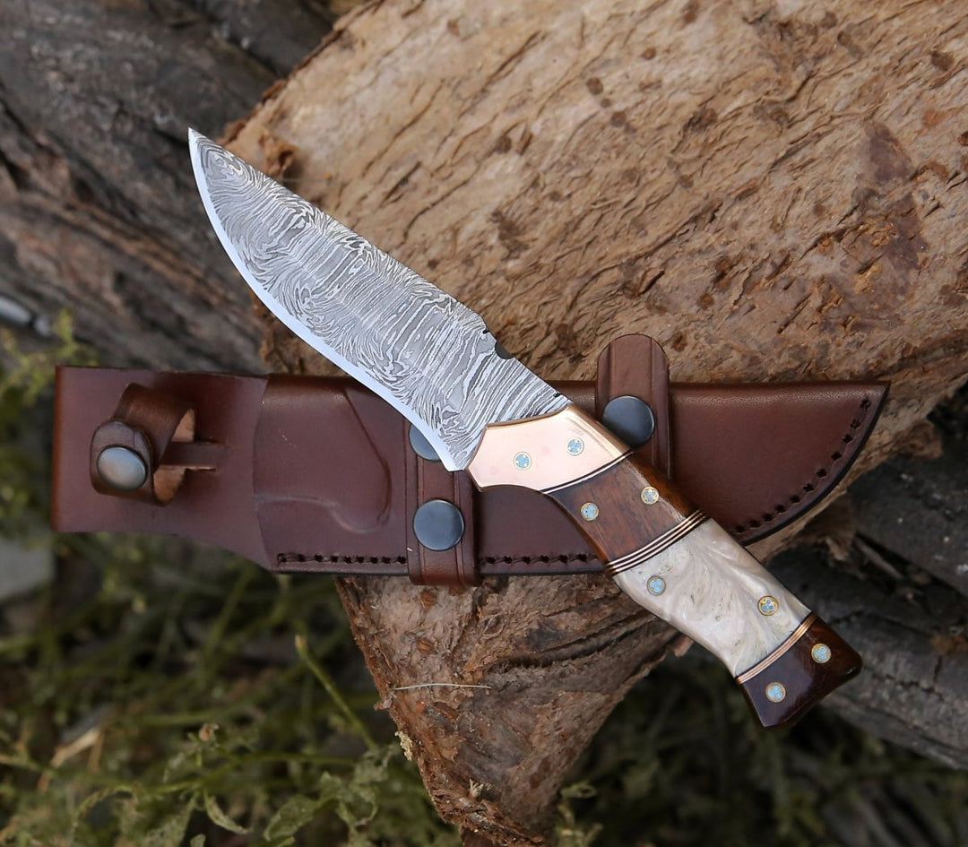 Damascus Steel Knife - Reaper Damascus Hunting Knife with Mother of Pearl, Exotic Rose Wood and Copper Handle - Shokunin USA