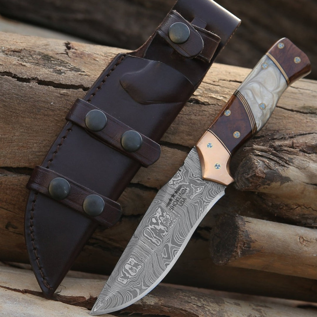 Damascus Steel Knife - Reaper Damascus Hunting Knife with Mother of Pearl, Exotic Rose Wood and Copper Handle - Shokunin USA