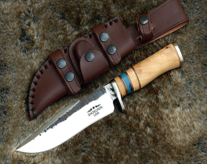 Utility Knife - Reign Damascus Bowie Knife with Exotic Leopard Wood Handle - Shokunin USA