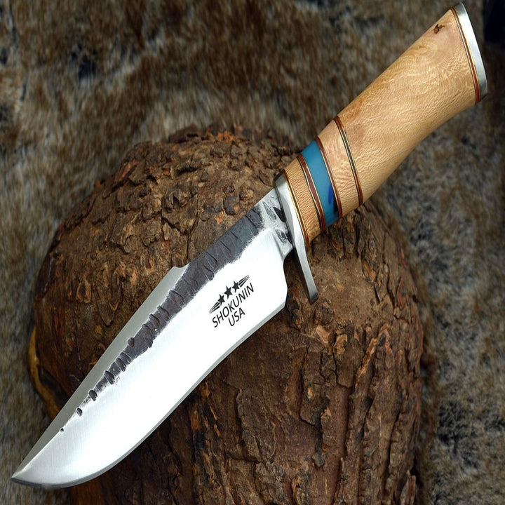 Utility Knife - Reign Damascus Bowie Knife with Exotic Leopard Wood Handle - Shokunin USA