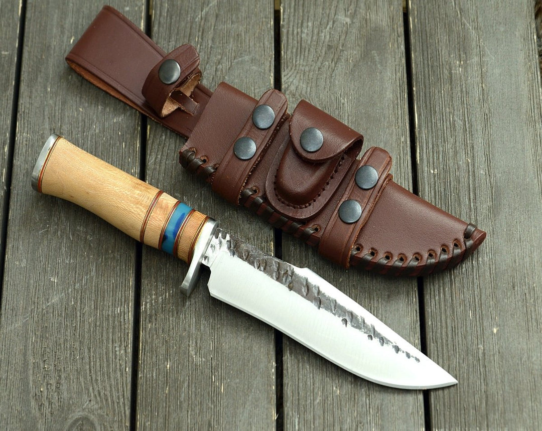 Utility Knife - Reign Damascus Bowie Knife with Exotic Leopard Wood Handle - Shokunin USA