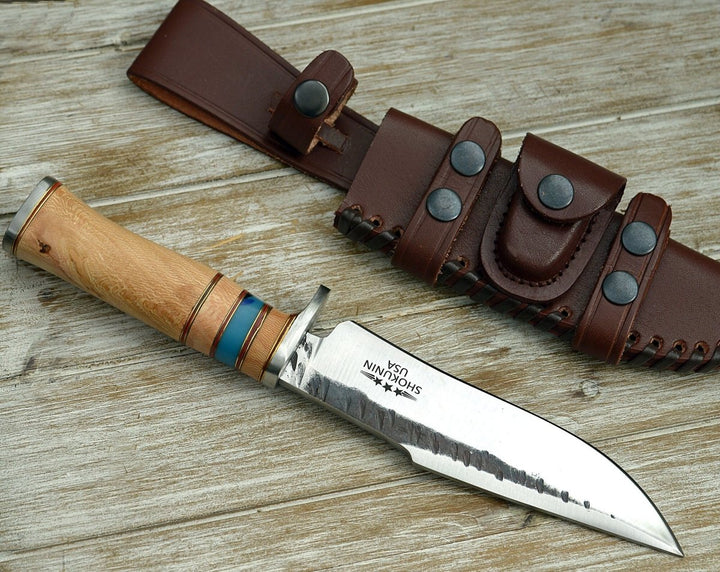 Utility Knife - Reign Damascus Bowie Knife with Exotic Leopard Wood Handle - Shokunin USA