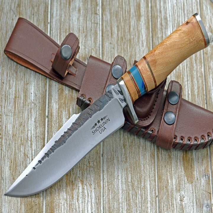 Utility Knife - Reign Damascus Bowie Knife with Exotic Leopard Wood Handle - Shokunin USA