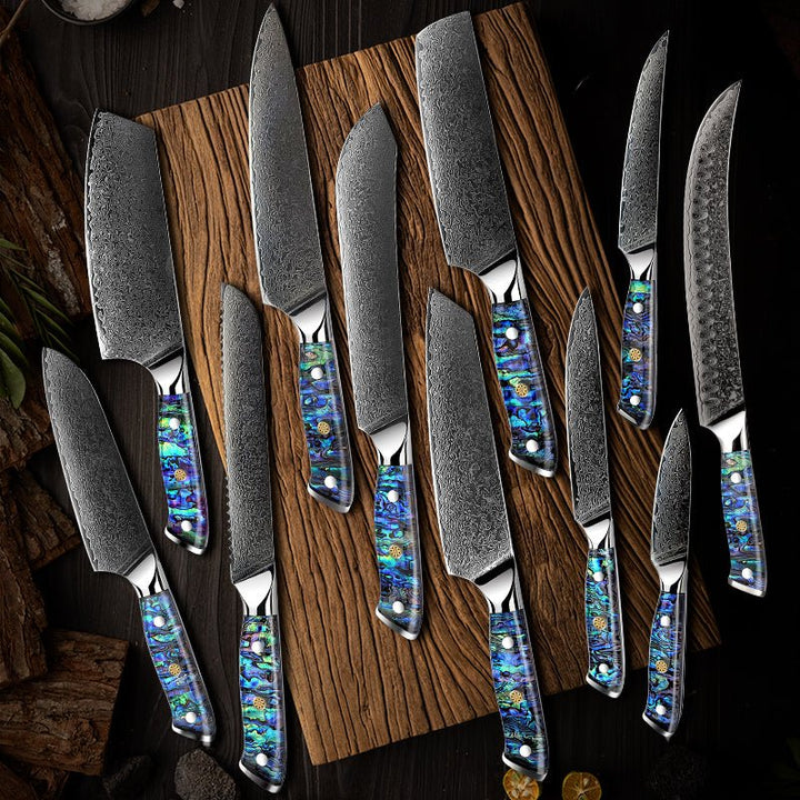 Chef Knife Set - Ronin VG10 Kitchen knife Set - Damascus Steel & Abalone Shell Handle - Shokunin USA