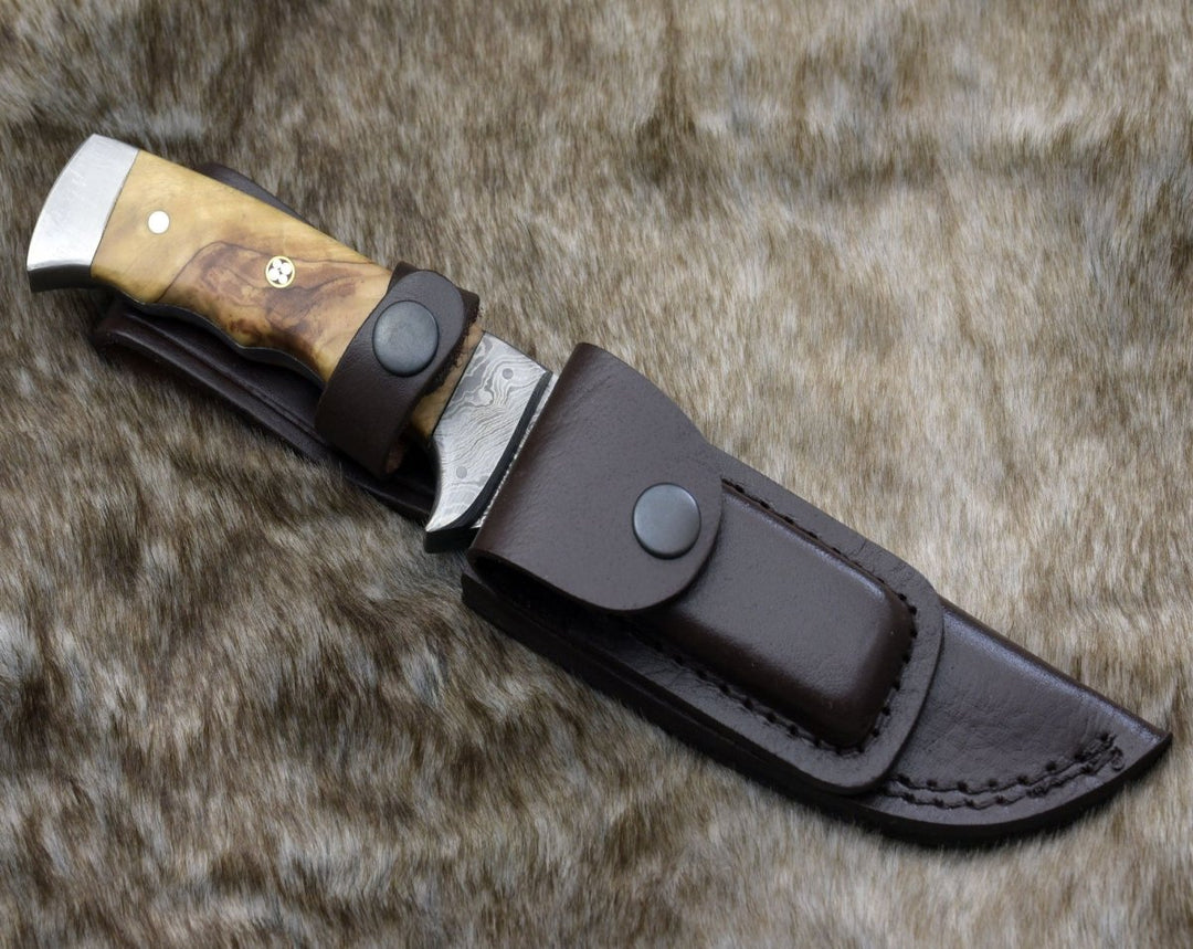 Damascus Knife - Rune Camping Knife with Exotic Leopard Wood Handle - Shokunin USA